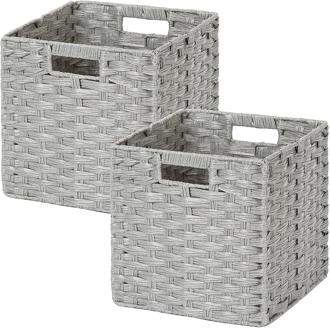 DULLEMELO Wicker Storage Cubes for Organizing 11x11x11 Inch Woven Storage Basket with Liner, Set of 2 Cube Storage Baskets for Shelves, Laundry Basket with Handles, Light Grey
