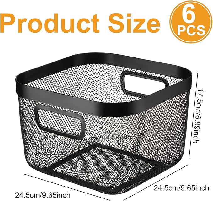 6 Pack Metal Mesh Basket with Hollow Handles Black Wire Storage Bin for Organizing Stackable Metal Fine Mesh Basket for Pantry Bathroom Kitchen Cabinets Shelves (Medium)