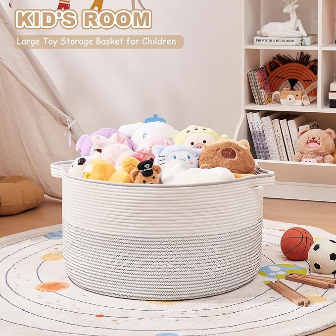 Large Blanket Basket with Handles, 22.8" x 22.8" x 13" Woven Storage Basket for Living Room, Cotton Rope Baby Toy Storage for Clothes, Pillows, Towels-Black and White