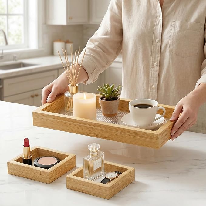 Bathroom Vanity Tray Set 3 - Wooden Decorative Tray for Toilet Tank, and Coffee Table Organizer, Wood Color