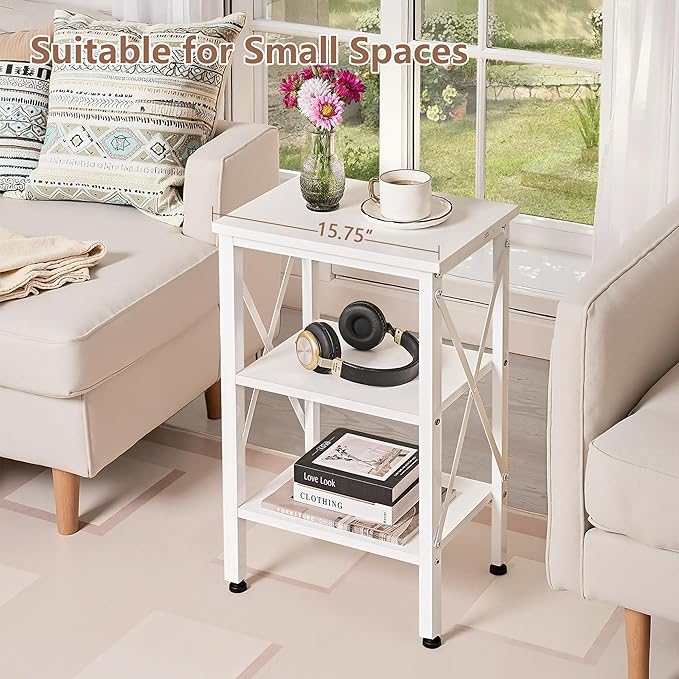 VECELO End Table, 24" Tall Living Room Side Tables, X-Design Reinforced Bedside Table, Nightstands with 3-Tier Storage Shelves for Small Spaces, Office, Bathroom, Bedroom, Pearl White, 1 Pack