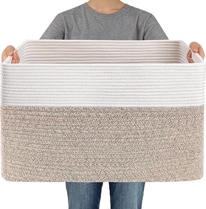 Woven Blanket Basket,65L Large Storage Bin for Blankets Toys Clothes,Decorative Rope Basket for Living Room Bedroom with Handles, White&Oatmeal