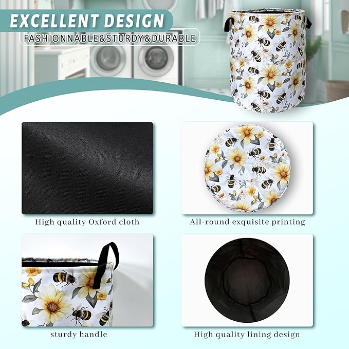 Cute Bees Laundry Basket Foldable With Handles Tote Bag Oxford Cloth Yellow Flowers Colorful Laundry Hamper Clothes Storage Bucket Toy Organizer 18.9" x 16.5" For Bathroom/Laundry/Bedroom