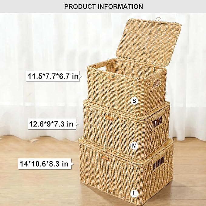 Nonam Wicket Basket with Lid, Large Shelf Baskets for Boho Deco, Plastic Storage Organizer Bins-Stackable Containers Boxes for Home & Office Shelves, Kitchen, Garage and Bathroom Organization, Natural