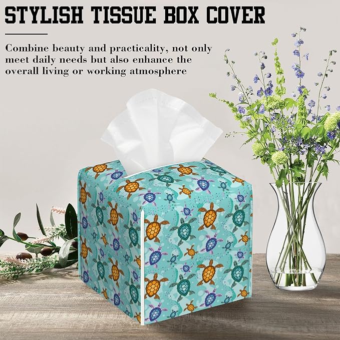 Tissue Box Holder Colorful Turtles on Sand Square Leather Tissue Box Cover Modern Cube Facial Paper Cover Case for Bathroom Vanity Countertop Night Stands Tabletop