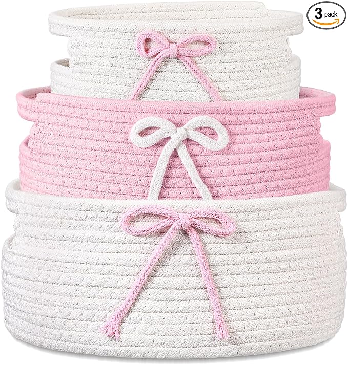 Breling 3 Pieces Pink Bow Baskets Coquette Bow Cotton Rope Storage Basket Pink Woven Gift Baskets Laundry Hamper Rope Bin with Handles for Decoration Organization Storage for Nursery, Pet Toy Basket