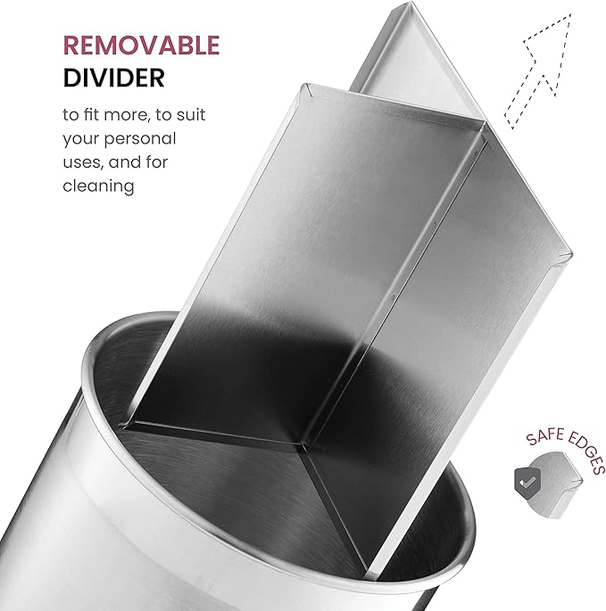 FineDine Rotating Kitchen Utensil Holder for Kitchen Counter - With Weighted Base for Stability, Stainless Steel Cooking Utensil Holder with Removable Divider, Brushed Stainless Steel