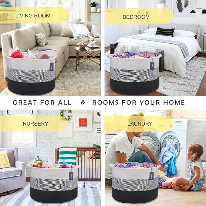 COMSE Extra Large Blanket Basket, Woven Laundry Basket, 21.7âx 13.8â, Nursery Hamper, Cotton Rope Laundry Hamper Living Room for Storage Toys Clothes Towels (White &Gray &Black)