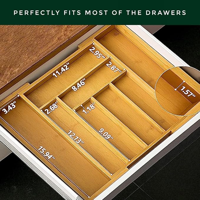 Bamboo Drawer Organizer, Expandable 8-Slot Silverware & Utensil Tray for Kitchen Drawers, Fits 13–19.5 Inch Drawers, Deep Compartments, Durable & Eco-Friendly Natural Bamboo