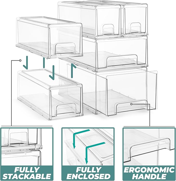 Sorbus Small Clear Stackable Storage Drawers, Plastic Storage Drawers with Handles, Craft, Clothes, Medicine, Makeup, Closet, Art Supply, Bathroom, Shoe, Toy Storage Organizer (4 Pack)