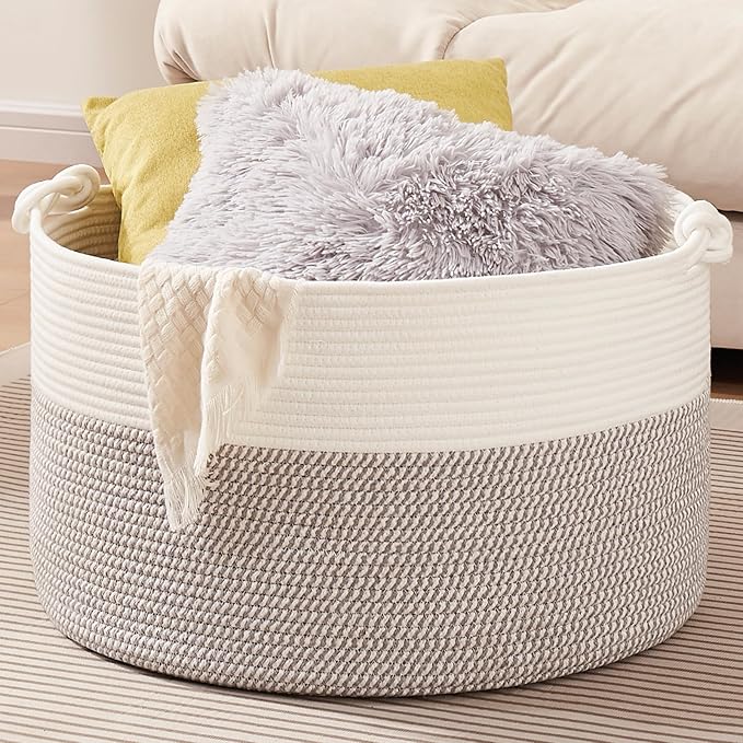 Large Blanket Storage Basket for Living Room, 22.8" x 22.8" x 13" Woven Cotton Rope Basket with Handles, Baby Toy Storage, Laundry Hamper for Clothes, Pillows, Towels-Grey and White