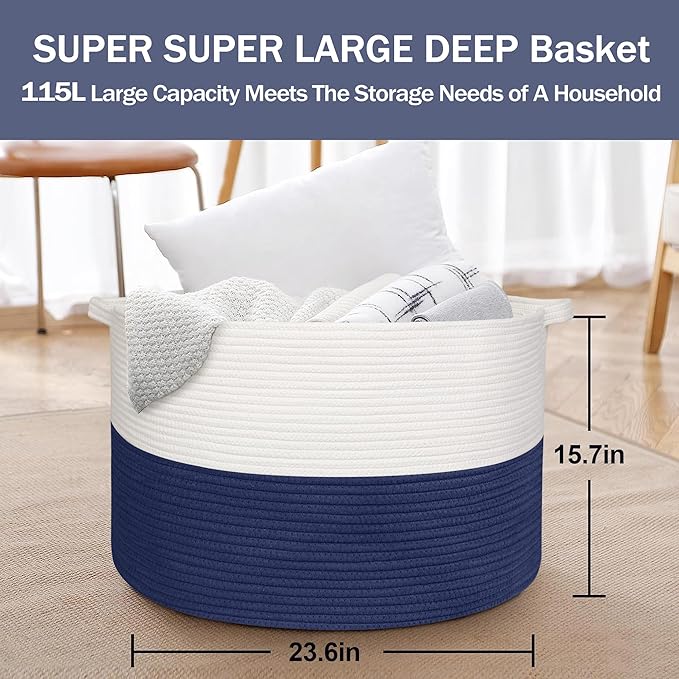 115L Super Large Blanket Basket, Storage Bin Box, Oversized Organizer, Cotton Rope Woven Bin, XXXL Jumbo Basket for Blankets for Living Room, 23.6"x15.7", Dark Blue