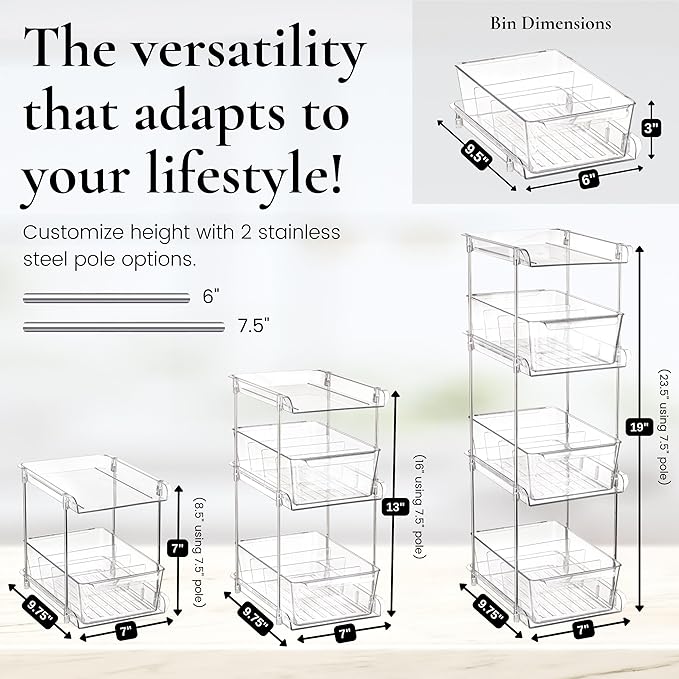 3 Tier Clear Under Bathroom Sink Organizer Pull Out Drawer | Bathroom Cabinet Under Sink storage | Under Vanity Organizer | Medicine Cabinet Storage | (2 Pack)