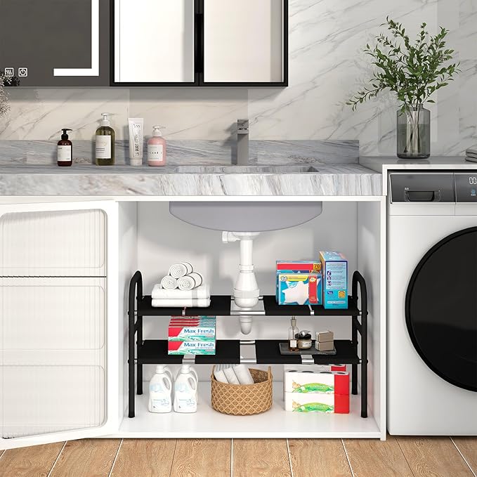 Expandable Under Sink Organizers, 2-Tier Kitchen Bathroom Cabinet Storage Counter Shelf, Shoe Storage Rack with 8 Removable Plastic Boards for Kitchen, Bathroom, Pantry, Entryway, Closet