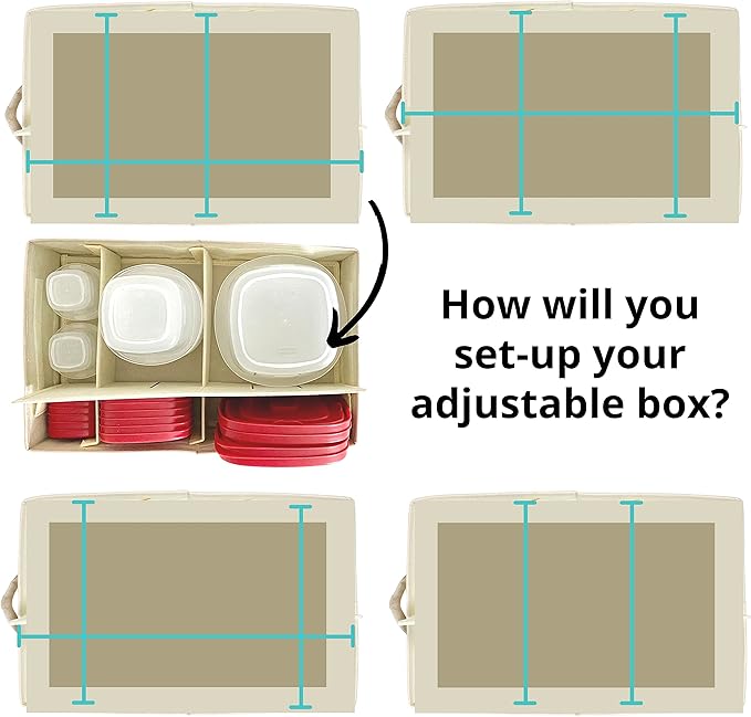Food Storage Container Organizer Box – A Kitchen Drawer Organizer Compatible with Rubbermaid, Glad Containers and Lids – Adjustable Foldable Cloth Box