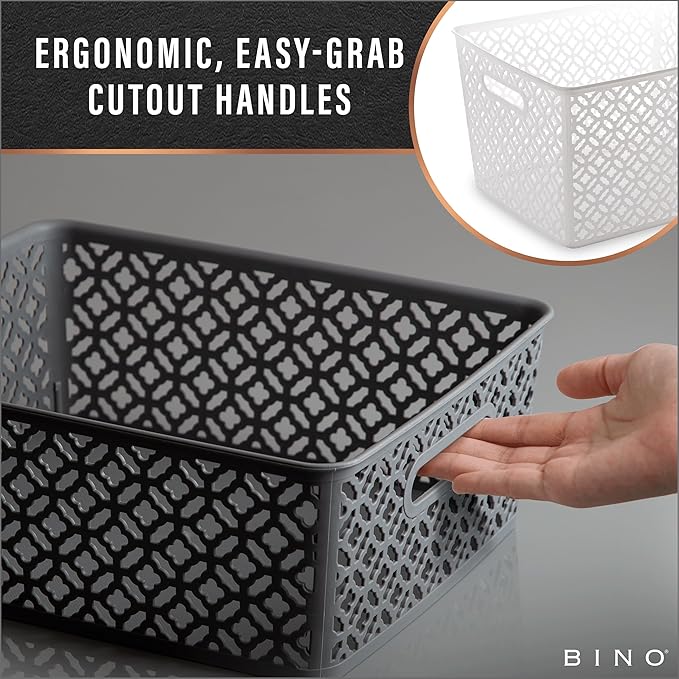 BINO l Plastic Storage Baskets, XLarge - White l THE BLOSSOM COLLECTION l Multi-Use Organizer Bin l Built-in Handles l Plastic Woven Basket for Organizing l Pantry & Home Organizing Basket