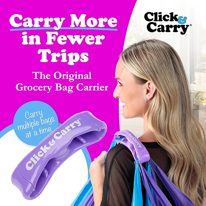 Click & Carry Grocery Bag Carrier Handle - Carry More in Fewer Trips, 100lb Capacity, Hands-Free, Gel-Padded Ergonomic Design, Shopping & Grocery Bag Holder - As Seen On Shark Tank, Purple, 1 Pack