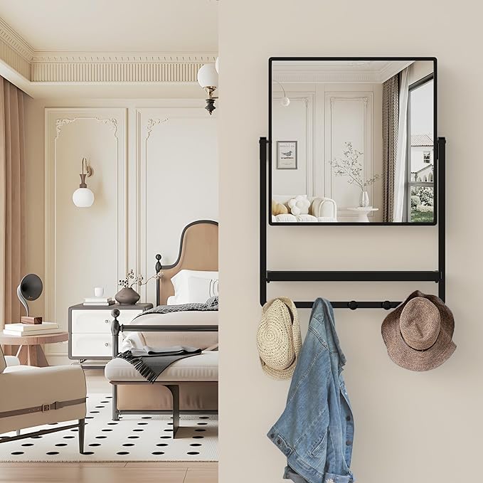 WONSTART Modern Black Square Wall Mirror with Shelf and Hooks, 21.7 x 29.3 Inch Large Bathroom Mirror with 10° Adjustable Tilt for Entryway, Living Room, Hallway, Bedroom