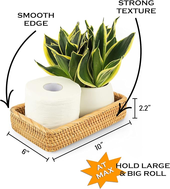 Rattan Toilet Tank Basket Woven Guest Towel Holder for Serving Organizing Bread Shelves 10 x 6 x 2 inches Bathroom Counter Organizers and Storage Decorative Wicker Tray (Honey Brown)