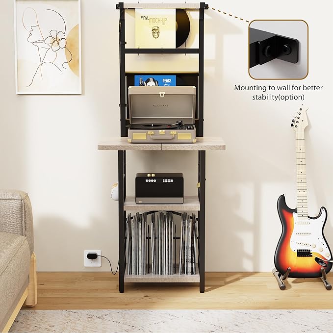 Record Player Stand with Led Light,Record Player Table with Vinyl Storage,Turntable Stand with Record Holder Vinyls Display Shelf for Music Room Studio,Greige