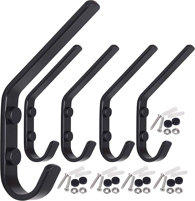 WEBI Coat Hook Wall Mounted - Heavy Duty Metal Dual Wall Hook Rack – Double Prong Robe Hooks for Bathroom Kitchen Office Entryway Closet,Single Hook,Black,5 Packs