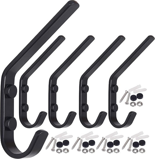 WEBI Coat Hook Wall Mounted - Heavy Duty Metal Dual Wall Hook Rack – Double Prong Robe Hooks for Bathroom Kitchen Office Entryway Closet,Single Hook,Black,5 Packs
