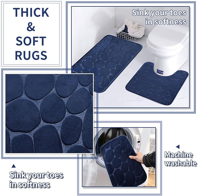 Bathroom Set with Shower Curtain and Rugs- 25PC Bathroom Accessory Set, Navy Blue Shower Curtain Set, Toilet Brush, Trash Can, Qtip Holder & Soap Dispenser