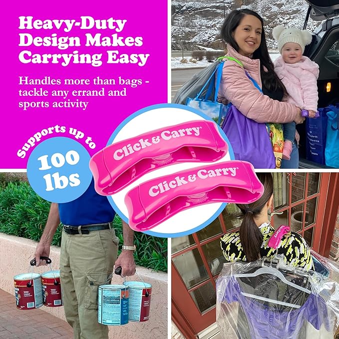 Click & Carry Grocery Bag Carrier Handle - Carry More in Fewer Trips, 100lb Capacity, Hands-Free, Gel-Padded Ergonomic Design, Shopping & Grocery Bag Holder - As Seen On Shark Tank, Fuchsia, 2 Pack