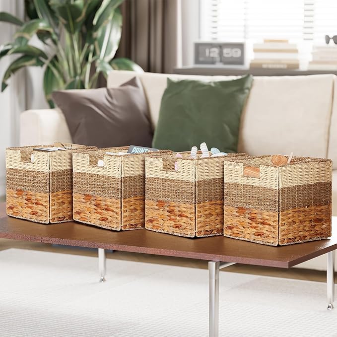 SpaceAid 4 Pack 3 Pattern Design Wicker Basket, Baskets for Organizing, Storage Rattan Basket with Handles for Shelves, Woven Cube Storage Bin Organizer, 13x13x13 inch, Natural
