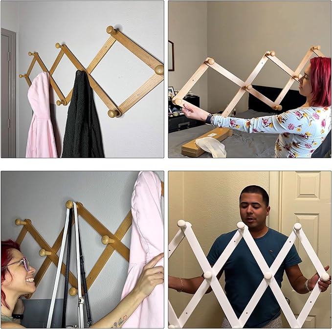Dseap Expandable Coat Rack (Larger Version) - 24” High, Anti-Slip, Ultra Heavy Duty Wooden Accordian Wall Hanger with 10 Study Peg Hooks for Clothing Hats Jackets Bags, Natural