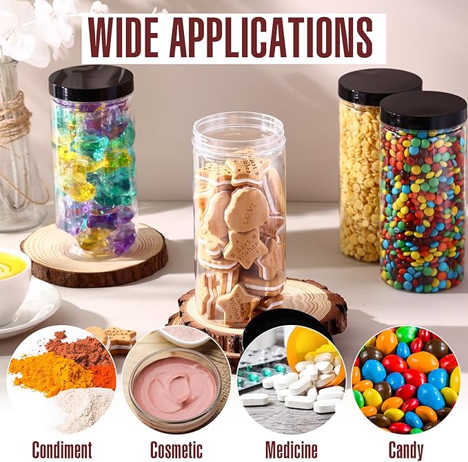 Dandat 16 Pack 30 oz Plastic Jars with Lids Plastic Mason Bottles Container Canister Wide Mouth Cylinders Kitchen Home Organize Storage for Dry Good, Spice, Honey, Candy, Peanut Butter(Black)