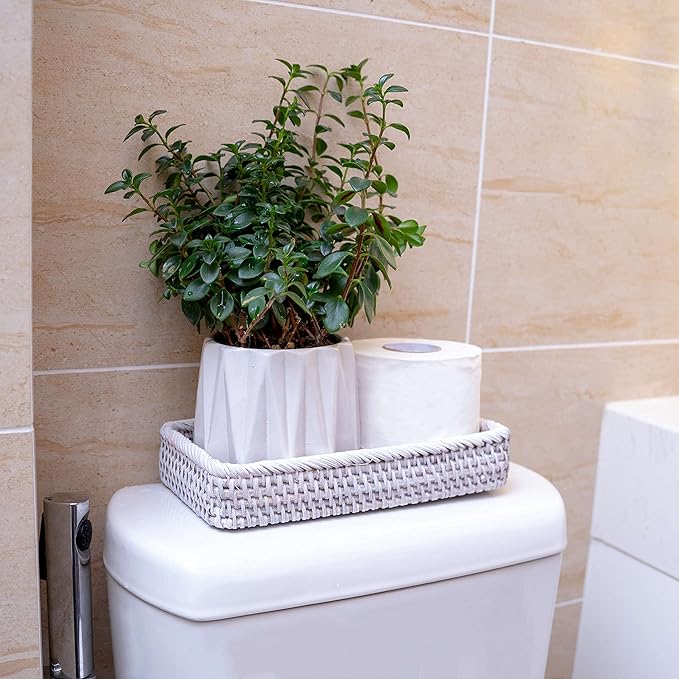 Farmhouse Toilet Paper Holder 10 x 6 x 2 in White Serving Tray Decorative Toilet Paper Basket Storage Bathroom Sink Vanity Trays Shallow Storage Bins Vanity Tray Rattan Guest Towel Napkin (White Wash)