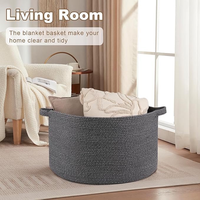 Large Woven Baskets for Storage, 23.6" x 23.6" x 14.6" Blanket Storage Living Room, Baby Toy Basket for Clothes, Pillows, Towels, Shoe Basket for Entryway (Dark Grey)