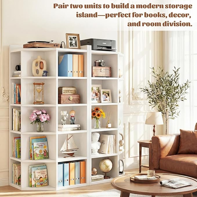 Aheaplus Corner Cabinet, 6-Tier Corner Bookshelf with Power Outlets, Corner Cube Storage Shelf with Top Table, Wooden L Cubby Toy Storage with 15 Cubes for Home Office, Bedroom, Living Room, White