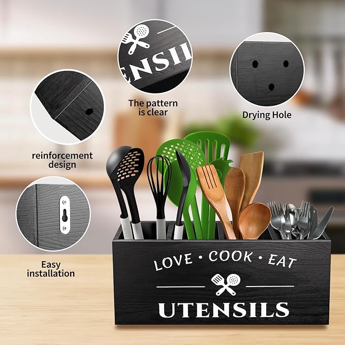 Rustic Wooden Utensil Holder for Countertop - 4 Compartment Farmhouse Heavy-Duty Flatware Caddy & Silverware Organizer - Large Kitchen Decor for Spoons, Forks, Parties, Coffee Bar & RV