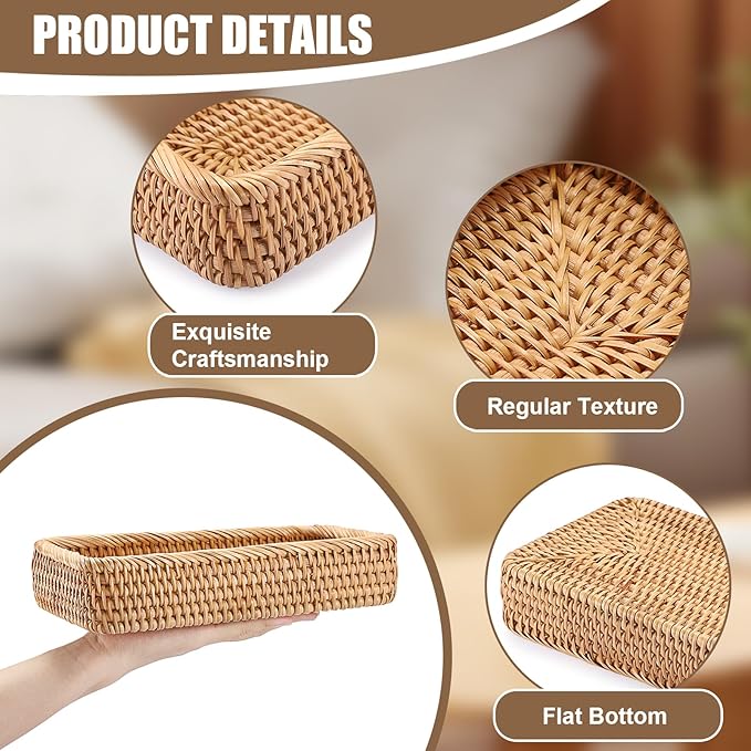 BTSKY Small Remote Basket for Coffee Table Entryway Living Room Rattan Serving Tray 10.1” x 6.1” Handwoven Wicker Baskets Decorative Tray for Wallet Remote Control Trinkets Rings Cosmetics Crackers