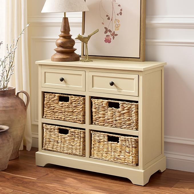 SAFAVIEH Home Collection â Herman Sand Storage Unit, 2-Drawer 4-Basket Mixed-Material Organizer, Fully Assembled (AMH5702J)