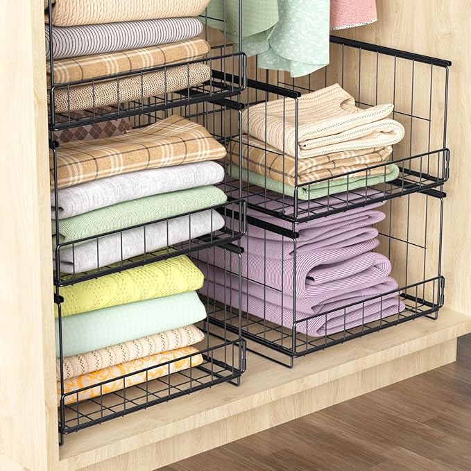 4-Tier Stackable Closet Organizers and Storage Shelves,Foldable Closet Shelf Organizer System, Space-Saving Clothes Storage Drawer Organizer for Wardrobe