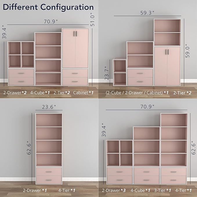 Homes: Inside + Out Apexa 2-Tier Cube Storage Organizer Shelves, Stackable Wood Bookcase Fits Cubby Bins for Organization, Dorm Teen Room Decor & Home Office, Light Pink