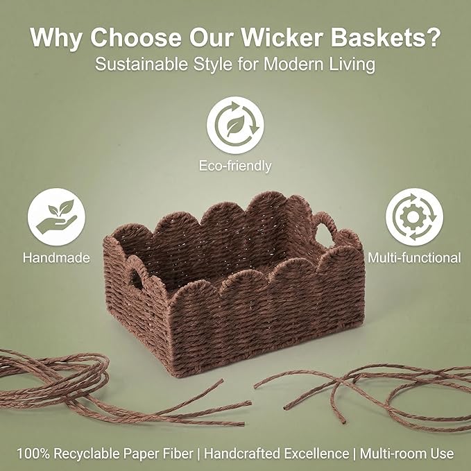 Scalloped Wicker Baskets, Set of 3 Hand-Woven Storage Baskets with Handles - Paper Rope Shelf Organizers & Decorative Baskets for Shelves, Closet, Bathroom (Brownï¼