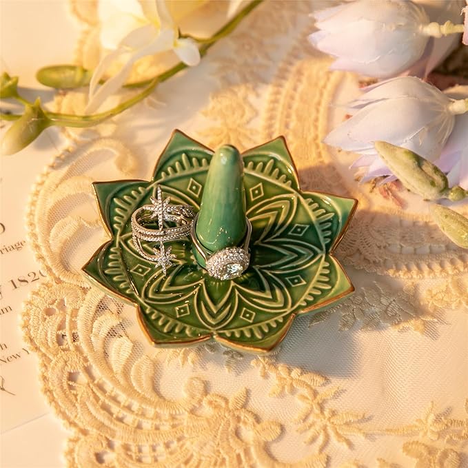 Ceramic Ring Holder for Jewelry,Green Mandala Ring Dish Jewelry Dish Jewelry Holder,Room Decor,Engagement Wedding Birthday Gifts for Couples Women