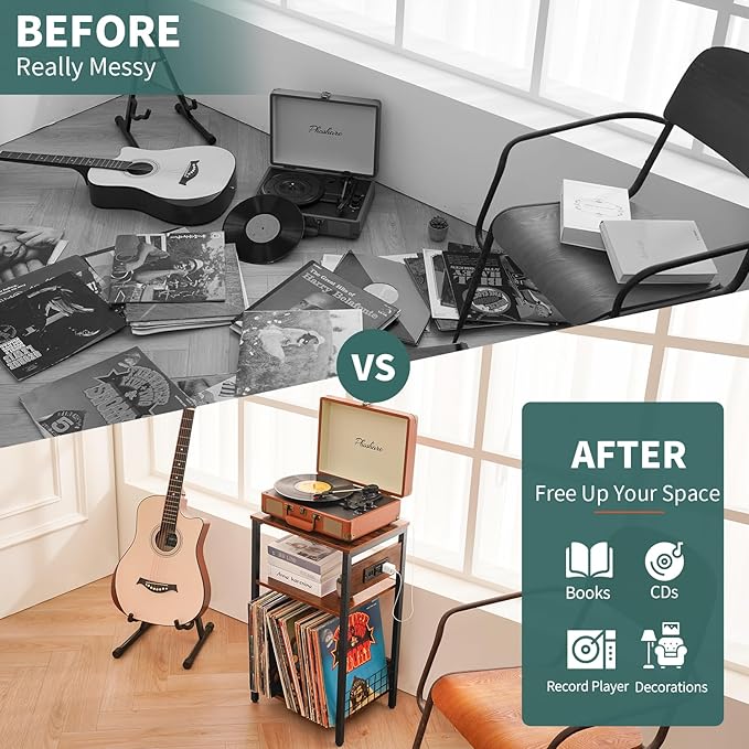 Yoobure Record Player Stand, 3-Tier White Side Table with Charging Station, Small End Table Record Holder with Vinyl Storage, Beside Tables Turntable Stand for Album CD, Night Stand for Living Room
