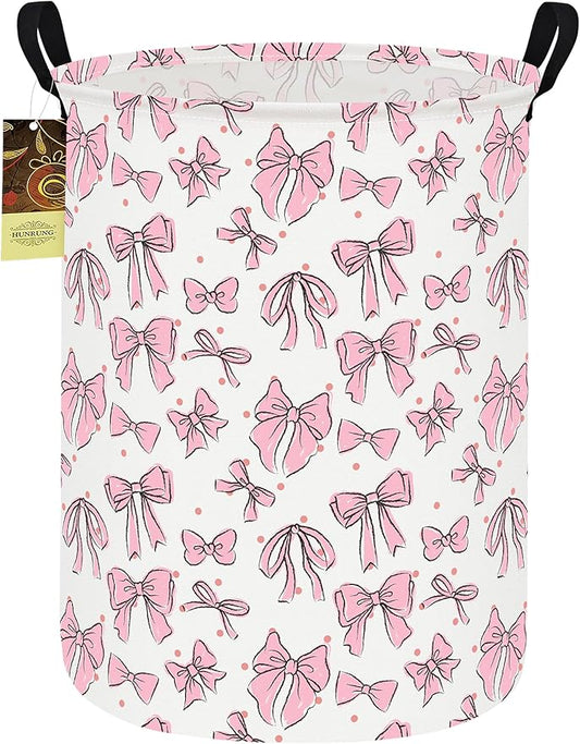HUNRUNG Laundry Hamper,Large Canvas Fabric Lightweight Storage Basket Toy Organizer Dirty Clothes Collapsible Waterproof for College Dormsï¼Round-Pink Bowï¼