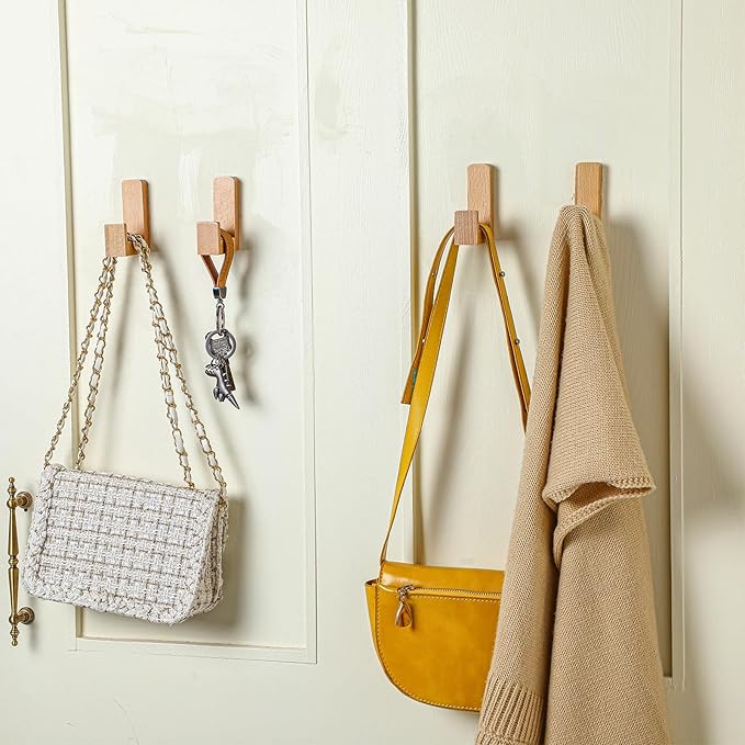 6 Pack Cute Kids Coat Wall Hooks Wooden Adhesive Decorative Colorful Wall Mounted Hangers Backpack Hooks for Hanging Keys Towel Clothes Bathroom Organization(Wood Color)