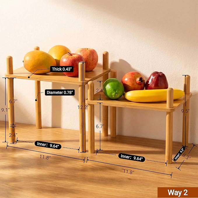 Bamboo Cabinet Organizer Set (2) - Counter Shelf Organizer & Bamboo Organizer Bins Fit, Expandable Cabinet Shelf Organizer for Kitchen Counter/Bathroom - Useful Home & Housewarming Gift(Medium)