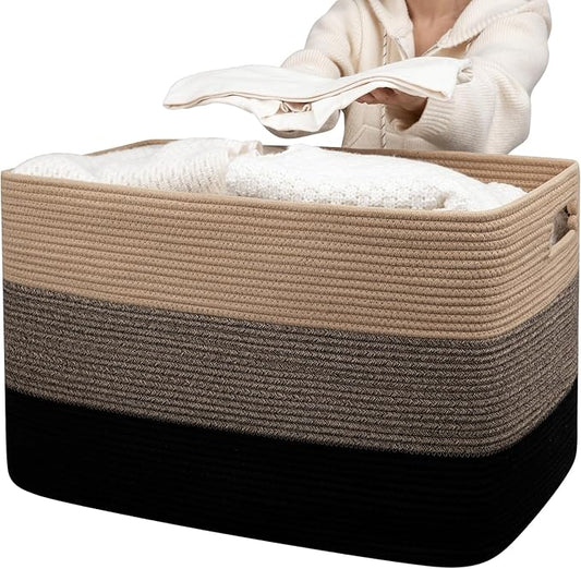OIAHOMY 118L Extra Large Blanket Basket, Rectangle Woven Cotton Rope Storage Basket,Used for storing Dirty Clothes, Stuffed Animal Toy Storage for Living Room,Kids Room,25" x 17" x 16", Brown Black