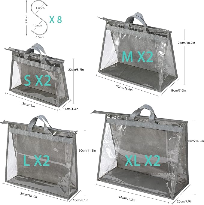 CINPIUK Handbag Dust Bags Clear Purse Storage Organizer for Closet Small to Extra Large Handbags Dust Free Bags Hanging Zipper Storage Bag with Hooks, ( Grey, 4 Sizes-8PCS)