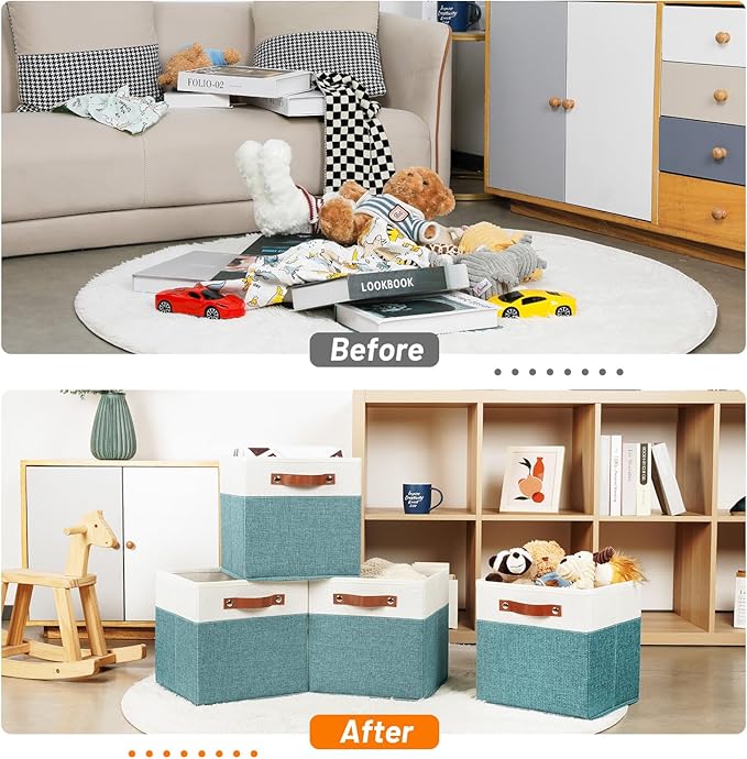 HNZIGE Storage Organizer Bins Fabric Cubes for Cube Organizer Bins for Organizing 11 Cube Storage Bin, Collapsible Storage Bins with Handles,Foldable Storage Cubes(White&Dark Green)