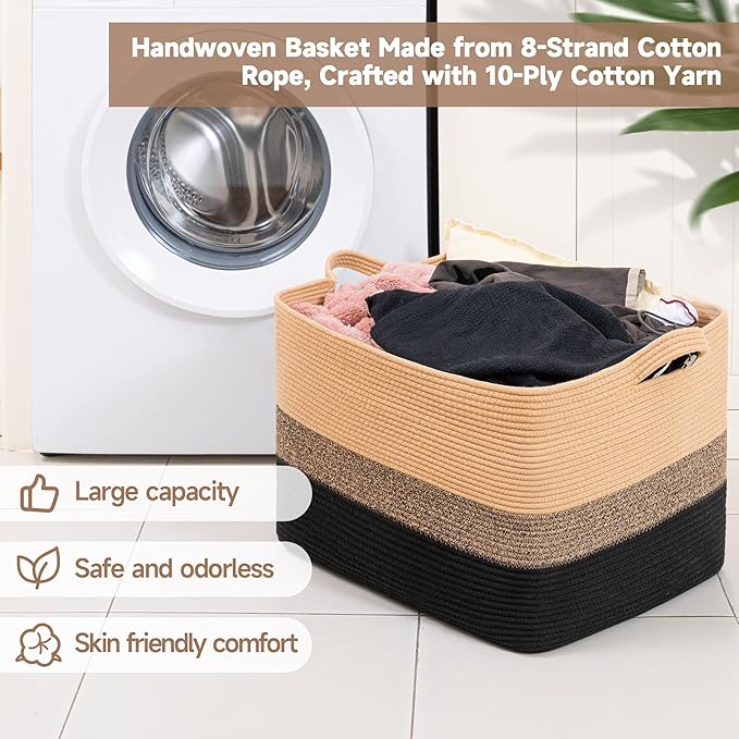 CLHMILY&Z Stylish Square Cotton Rope Storage Basket (Black & Camel, 85L)