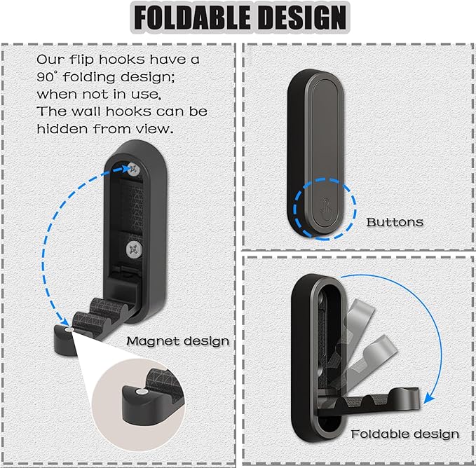 4PCS Foldable Wall Hooks, Folding Coat Hook, Folding Hook Wall Mount with 4pcs L-Shape Nail-Free Hooks, Screwdriver and Drill Bit, for Bathroom, Kitchen, Entryway, Holds Coats, Backpacks, Hats, Keys